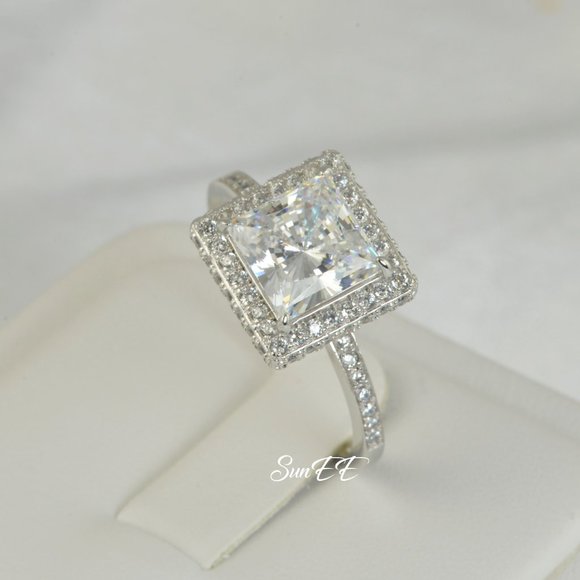 NEW 925 STERLING SILVER HALO PRINCESS DIAMOND CUT WEDDING RINGS ENGAGEMENT RING - Picture 3 of 7